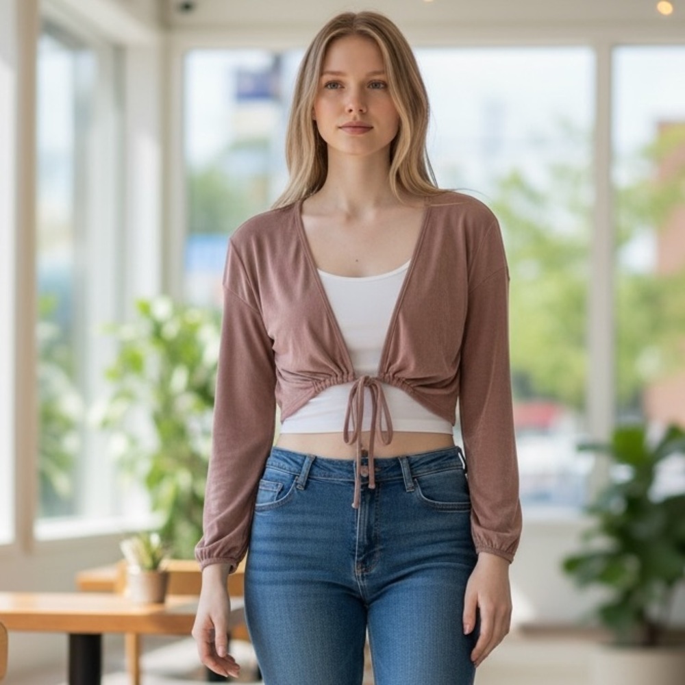 PrettyLittleThing Taupe Ribbed Tie Front Crop Top Long Sleeve Size S